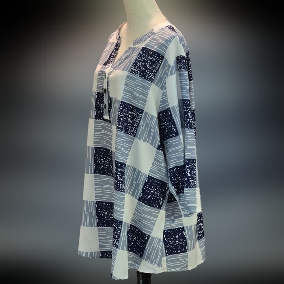 Navy & White Checkered Henley Style Button Up Print Tunic 3/4 Sleeve Women’s 3XL - Picture 3 of 10